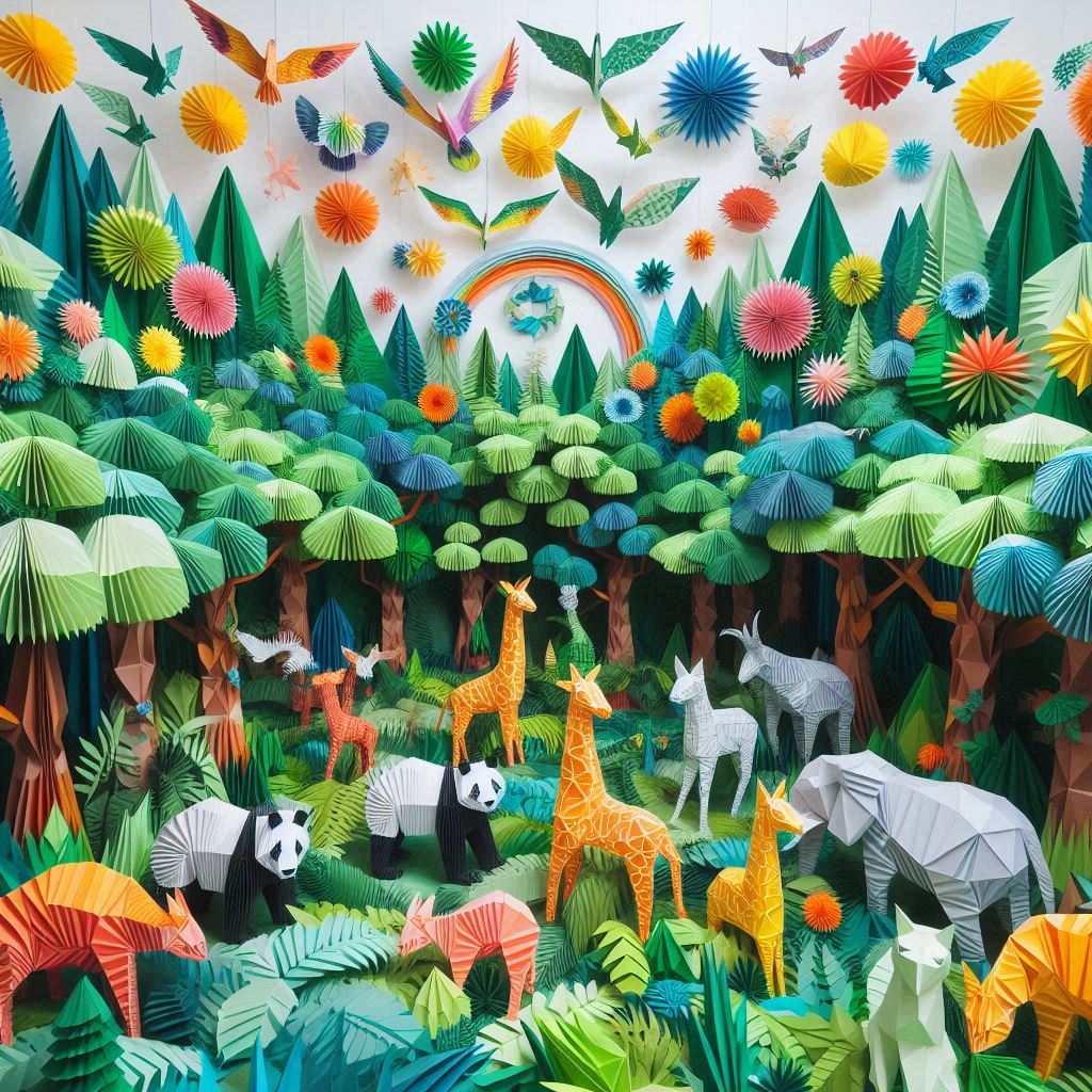 Entire rainforest made from folded colored paper, full of geometric animals.。画像 2/4