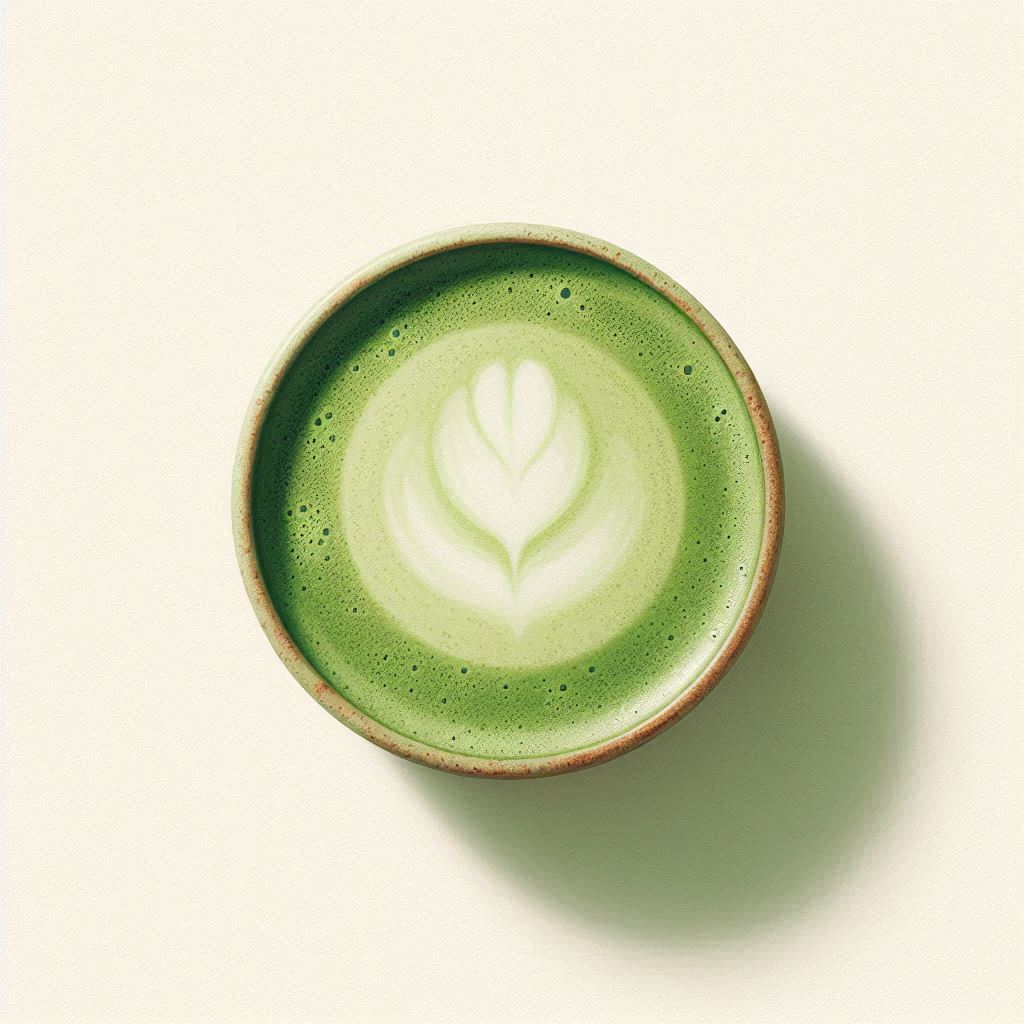 Watercolor top-down view of a matcha latte with a smooth green surface and subtle foam swirl, pale cream background, minimal composition.。画像 3/4