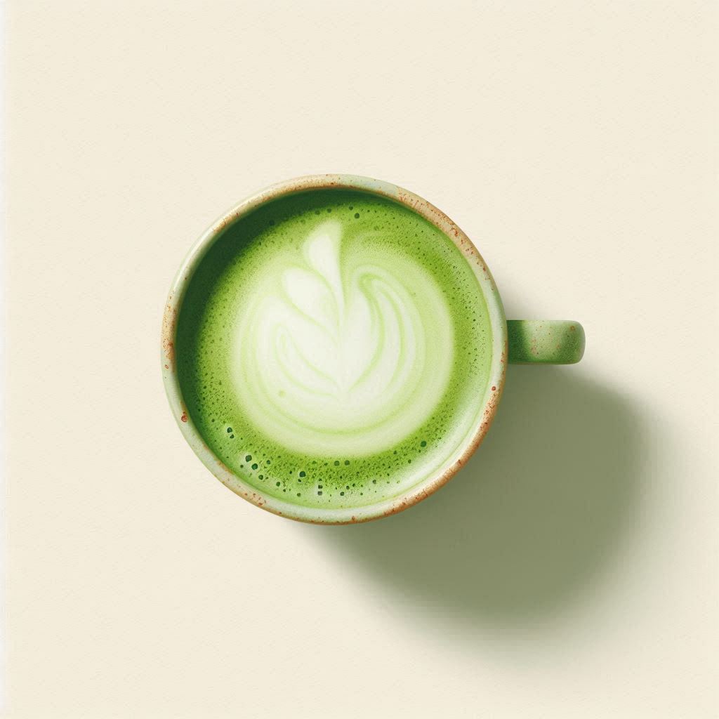 Watercolor top-down view of a matcha latte with a smooth green surface and subtle foam swirl, pale cream background, minimal composition.。画像 2/4