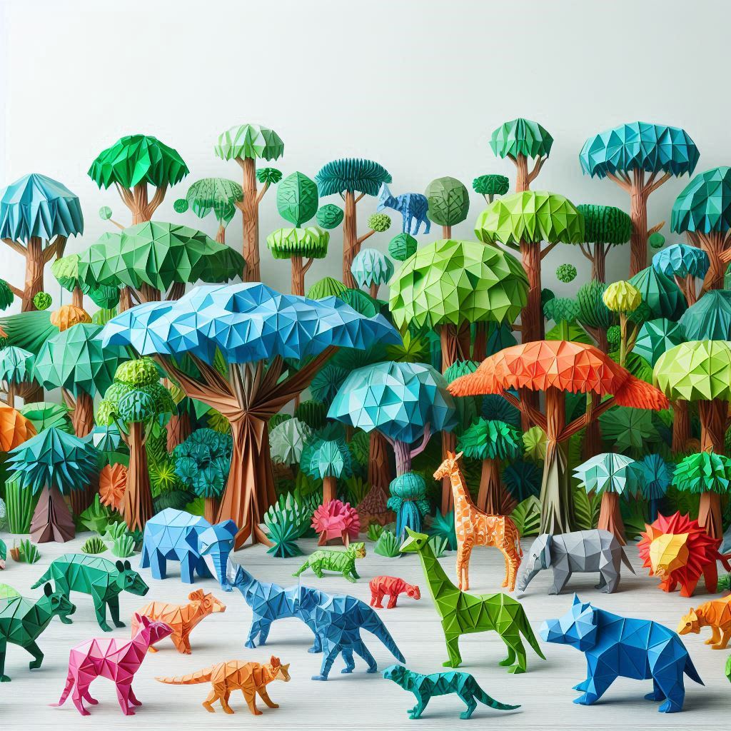 Entire rainforest made from folded colored paper, full of geometric animals.。画像 4/4