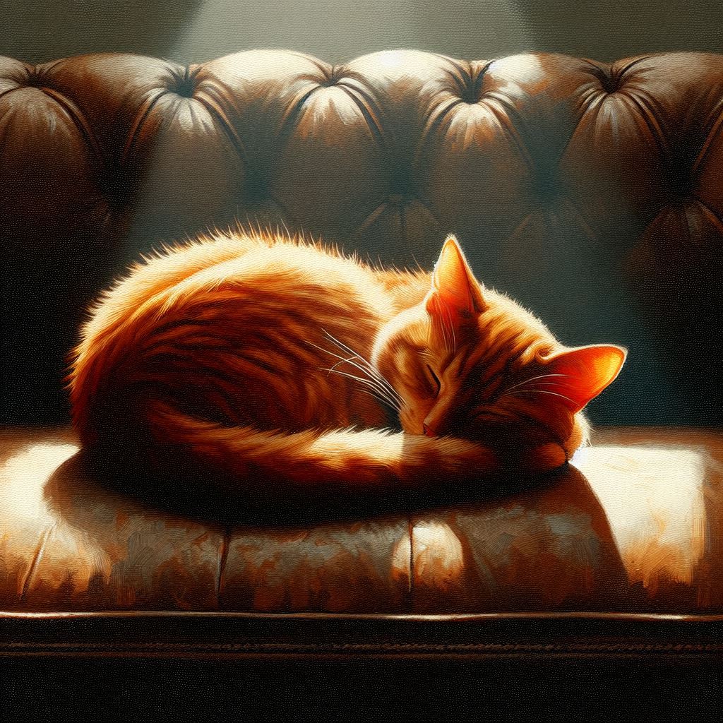Minimalist oil painting of a curled-up orange cat on a vintage leather couch with sunlight streaming in on the cat. Image 4 of 4