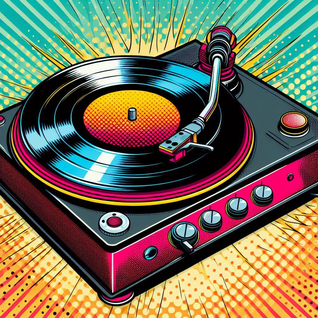 A pop art turntable with a spinning vinyl record, vibrant color blocks, halftone texture.