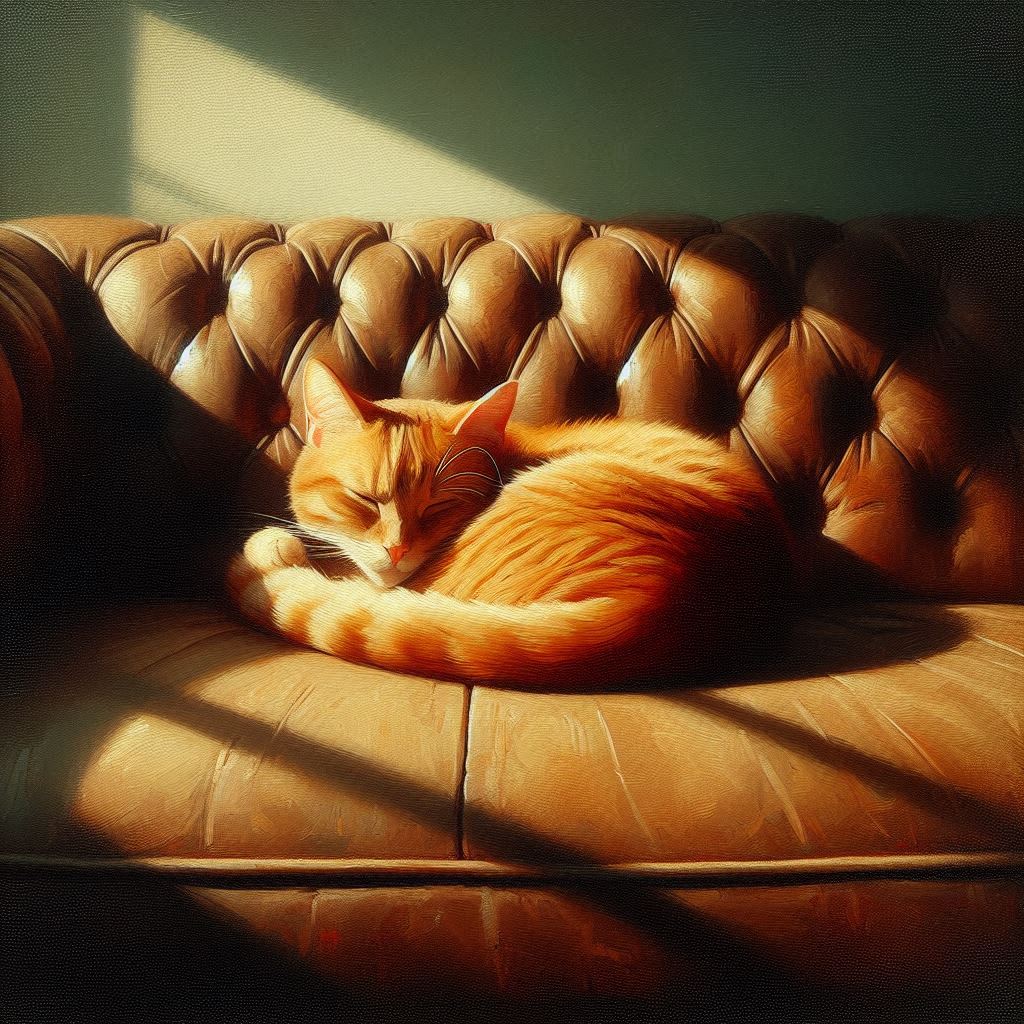 Minimalist oil painting of a curled-up orange cat on a vintage leather couch with sunlight streaming in on the cat. Image 1 of 4