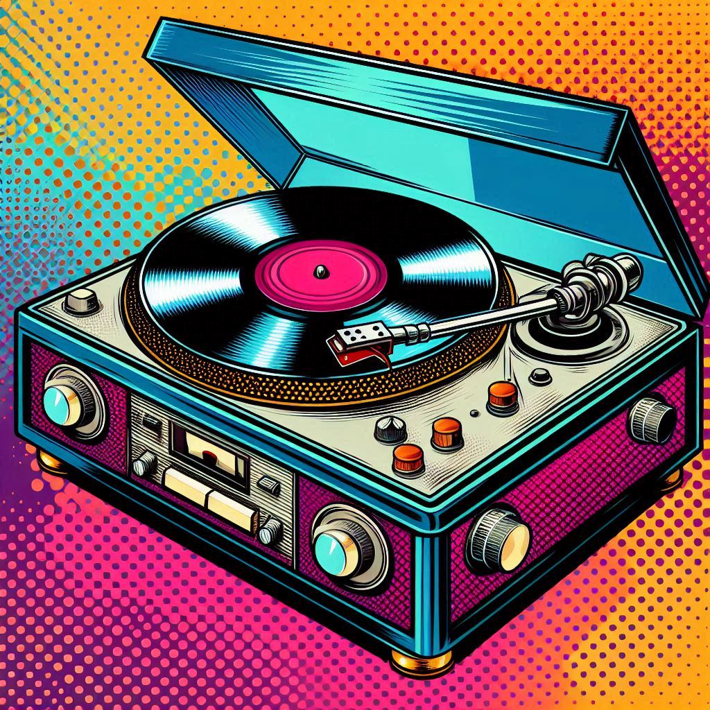 A pop art turntable with a spinning vinyl record, vibrant color blocks, halftone texture.. Image 2 of 4