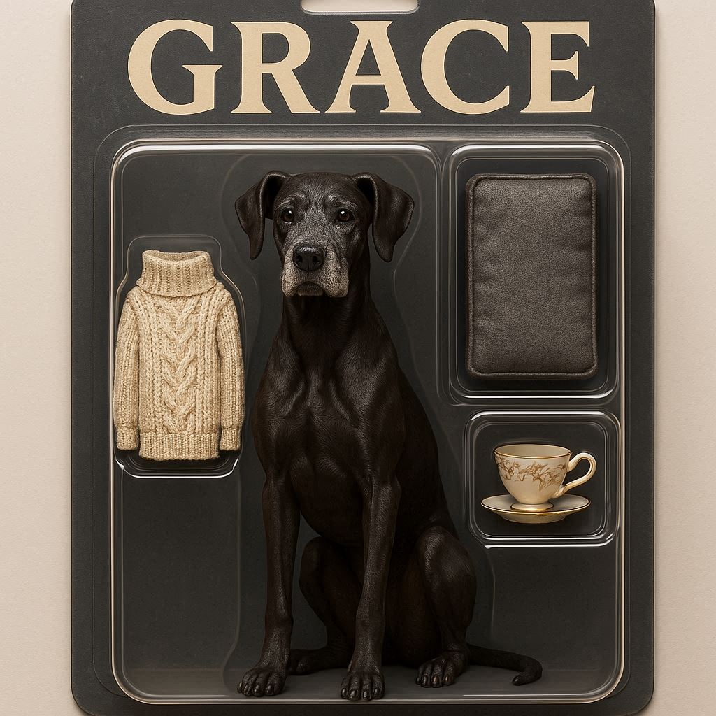 An action figure of a thin black Great Dane with some greying in her face in the style of a premium collectible toy. The dog figurine should be seated and facing straight ahead. The package should have a header with the text 'GRACE' in large letters. The accessories in compartments next to the figure are a cream-colored knit sweater, a rectangular grey dog bed, and a fancy teacup.