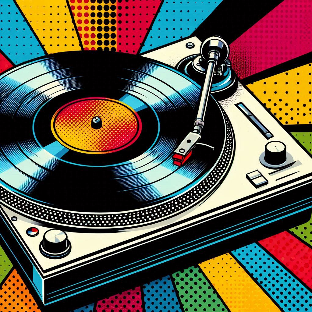 A pop art turntable with a spinning vinyl record, vibrant color blocks, halftone texture.. Image 4 of 4