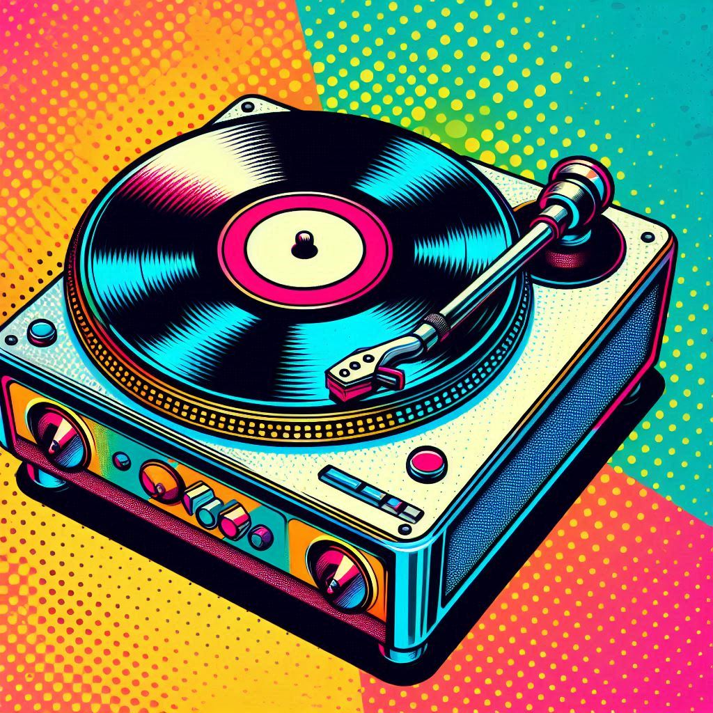 A pop art turntable with a spinning vinyl record, vibrant color blocks, halftone texture.. Image 3 of 4