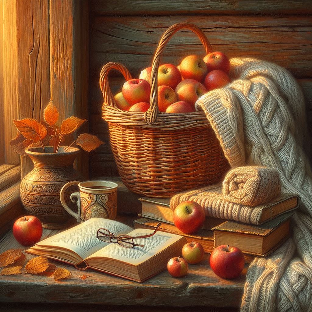 Woven basket of apples, knitted blanket, reading glasses atop a book, and a porcelain mug on a creaky wooden porch; warm sunset tones; painterly realism.. Image 2 of 4