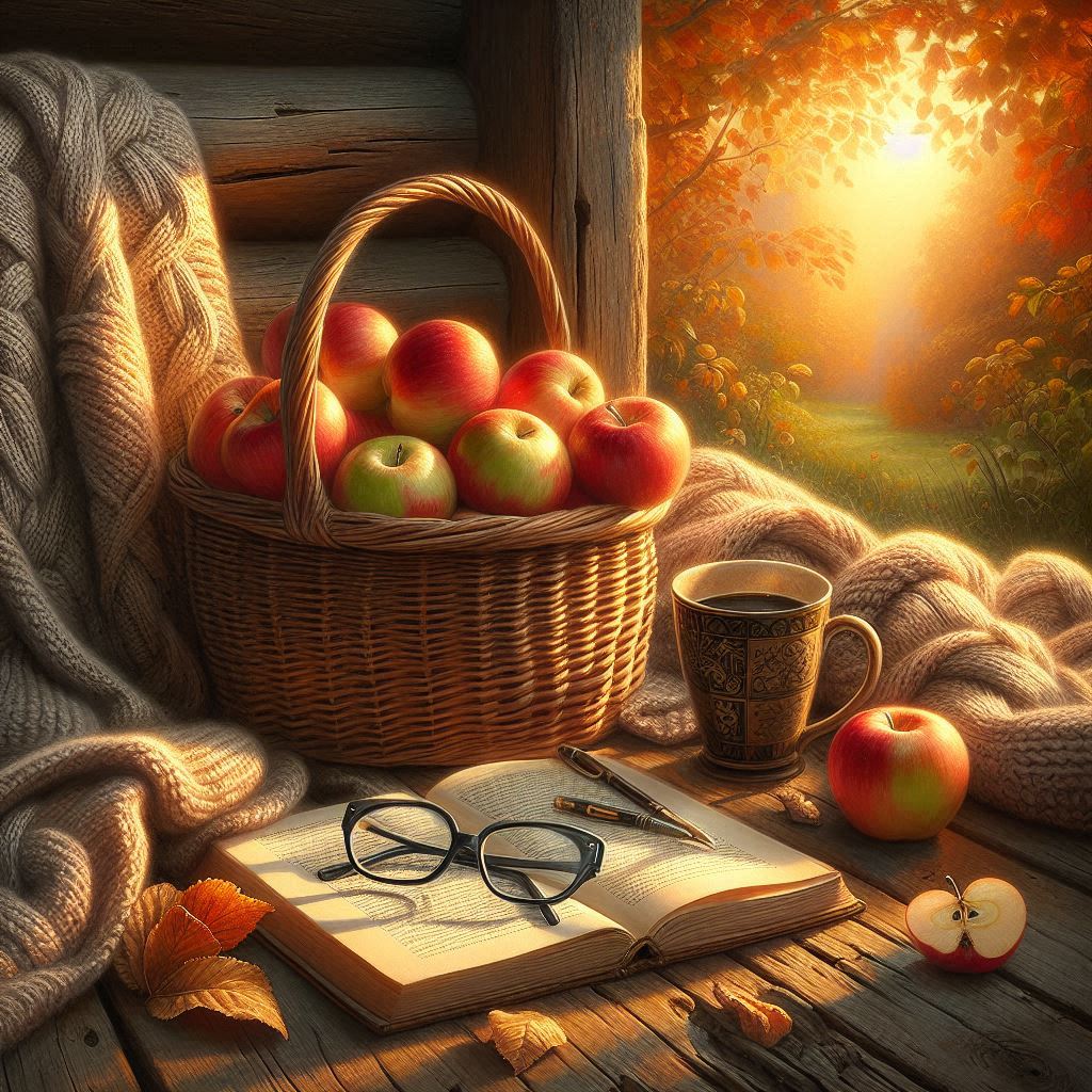 Woven basket of apples, knitted blanket, reading glasses atop a book, and a porcelain mug on a creaky wooden porch; warm sunset tones; painterly realism.. Image 3 of 4