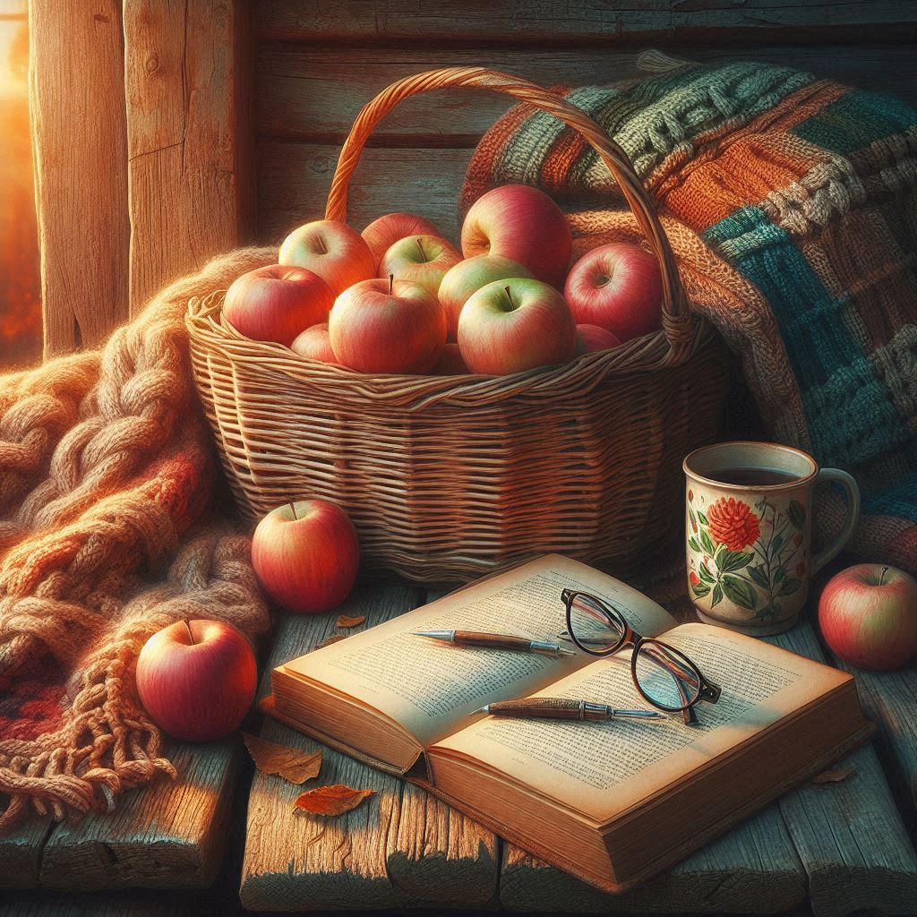 Woven basket of apples, knitted blanket, reading glasses atop a book, and a porcelain mug on a creaky wooden porch; warm sunset tones; painterly realism.. Image 4 of 4