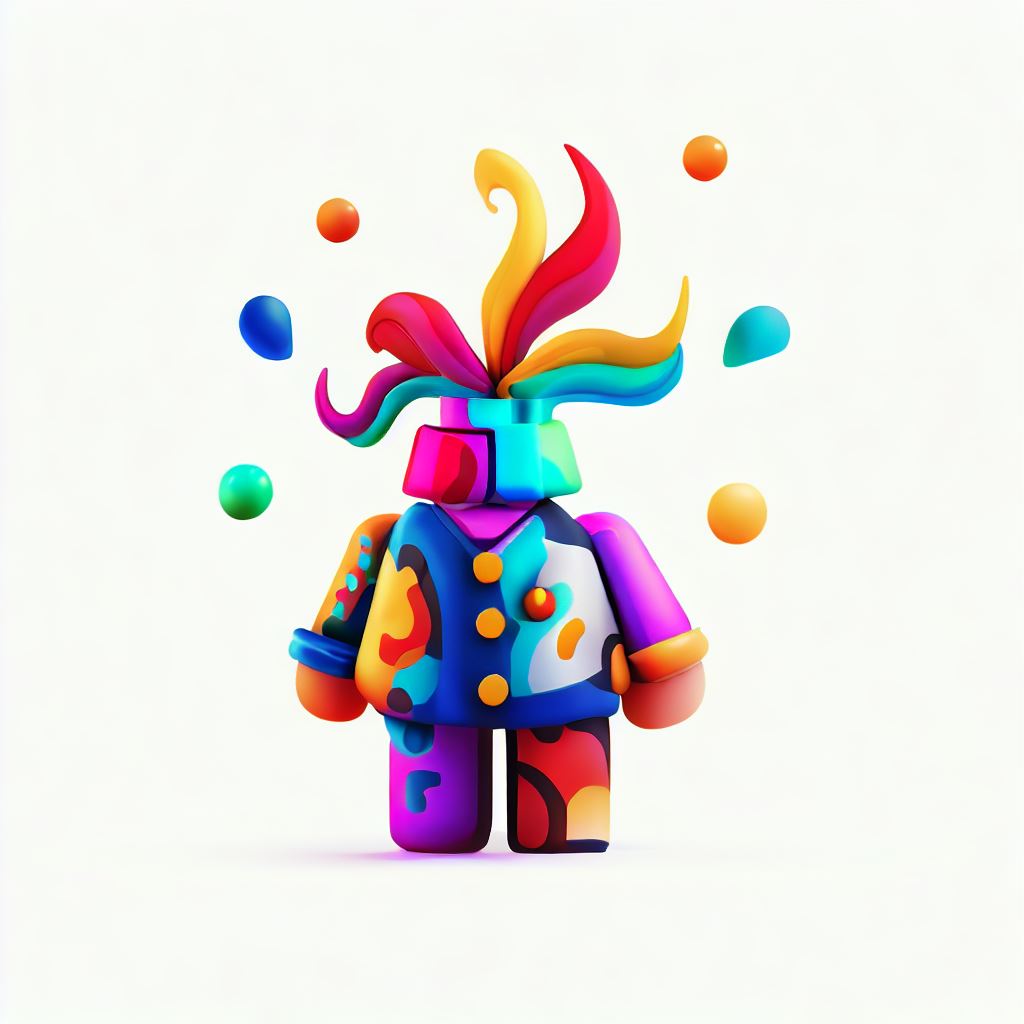 Create a whimsical Roblox character with a unique and colorful design, using vibrant colors and playful shapes.
