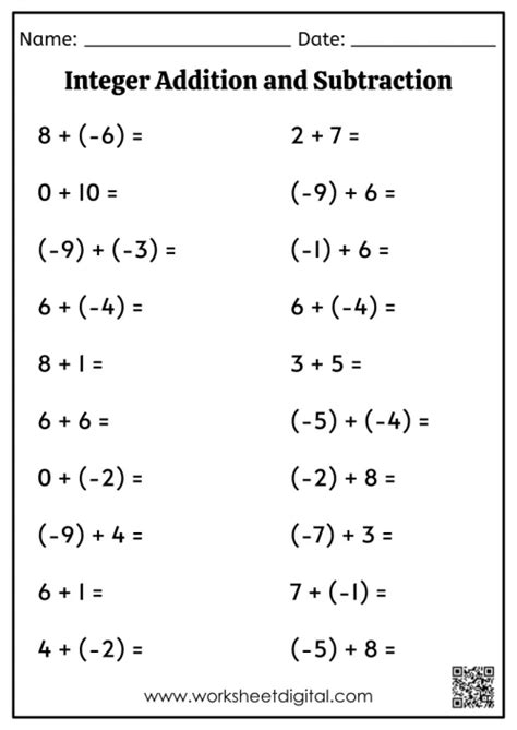 Image result for Worksheet On Integers Addition and Subtraction