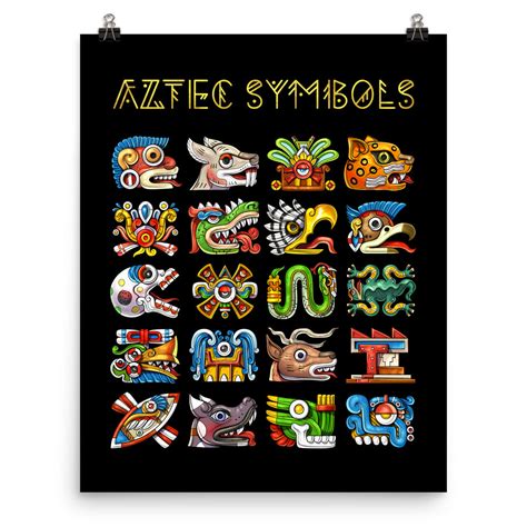 Ancient Aztec Symbols Mayan Glyphs Art Print - Serpent Sun