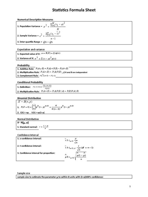 Intro to Statistics Formula Sheet に対する画像結果