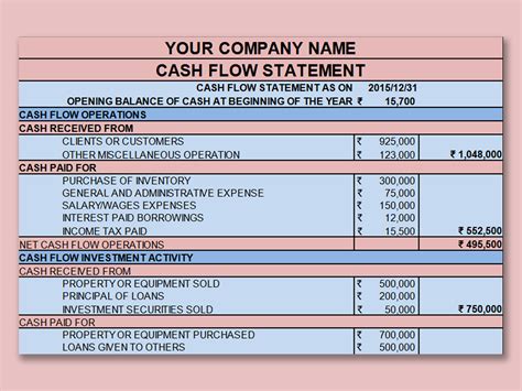 Image result for Cash Flow Statement Example Excel