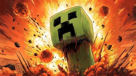 Explosive Scene Featuring a Digital Illustration of a Minecraft Creeper ...