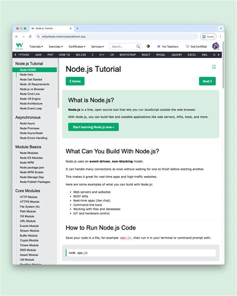 Node.js W3Schools Tutorial에 대한 이미지 결과