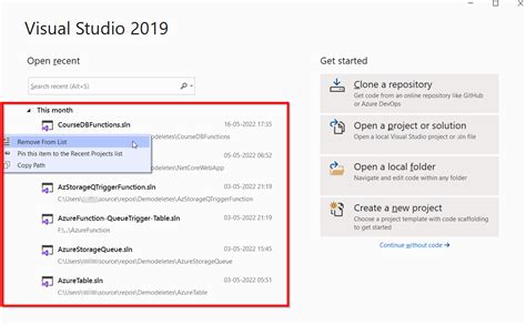 Toradh íomhá ar Visual Studio Recent Project