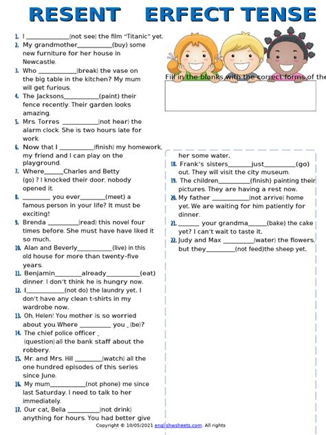 Image result for Present Perfect Tense Fill Up Worksheet