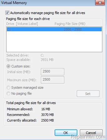 Toradh íomhá ar Virtual Memory Setting Win 10