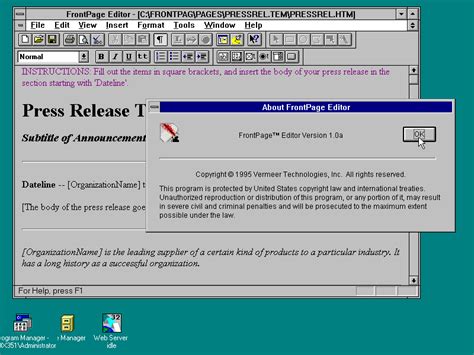 Toradh íomhá ar Microsoft FrontPage Screen Shot Windows 1.0