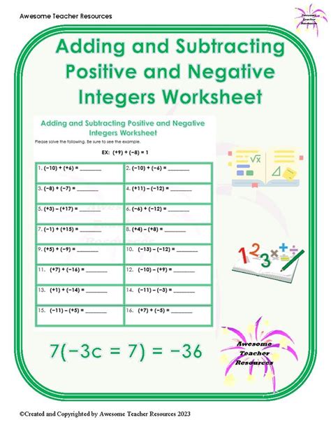 Image result for Subtraction of Positive and Negative Integers Worksheet