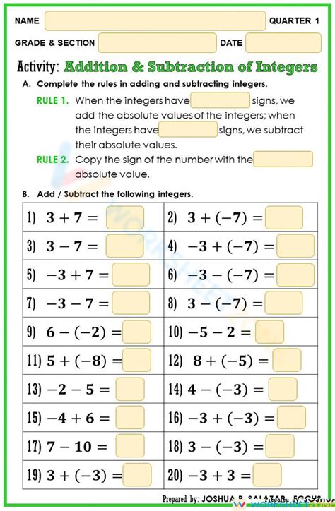 Image result for Worksheet On Integers Addition and Subtraction