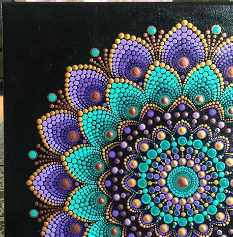 Vibrant Dot Mandala Hand Painted on Black Stretched Canvas 12 X 12 in ...