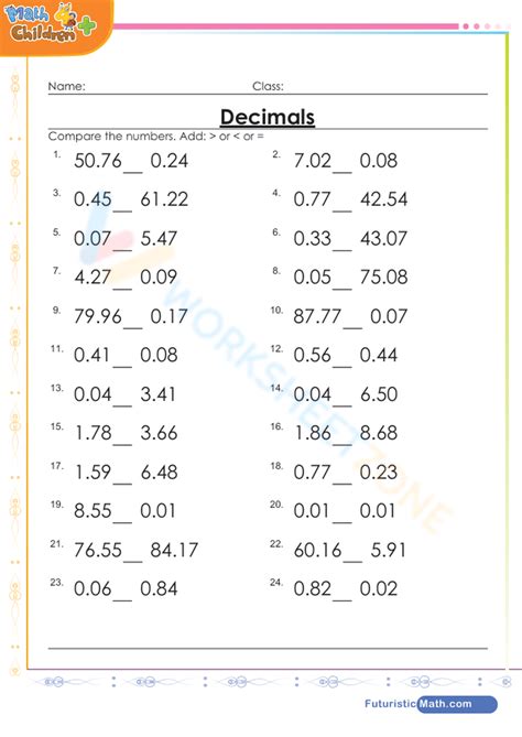 Image result for Comparison of Decimals Worksheet