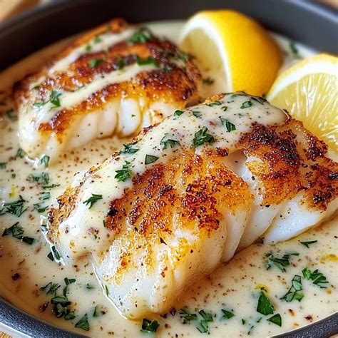 Baked Cod With Creamy Garlic Sauce & Lemon