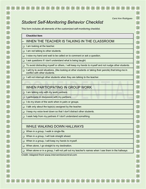 Image result for Self Monitoring Behavioral Checklist