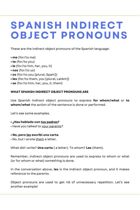 Toradh íomhá ar Indirect Object Pronouns Spanish Worksheet
