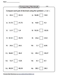 Image result for Comparison of Decimals Worksheet