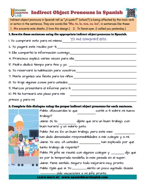 Toradh íomhá ar Indirect Object Pronouns Spanish Worksheet
