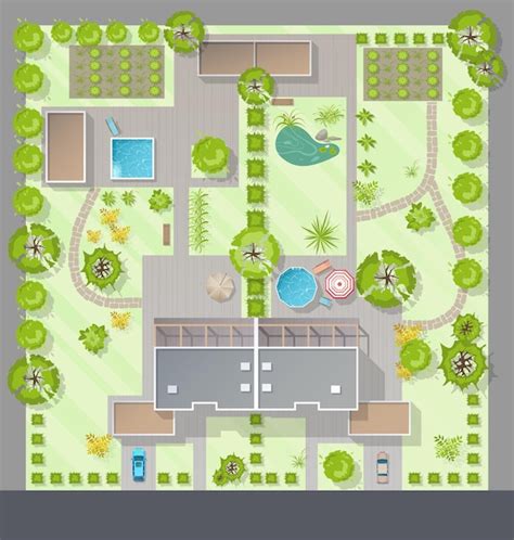 Premium Vector | Landscape design plan top view with house courtyard ...