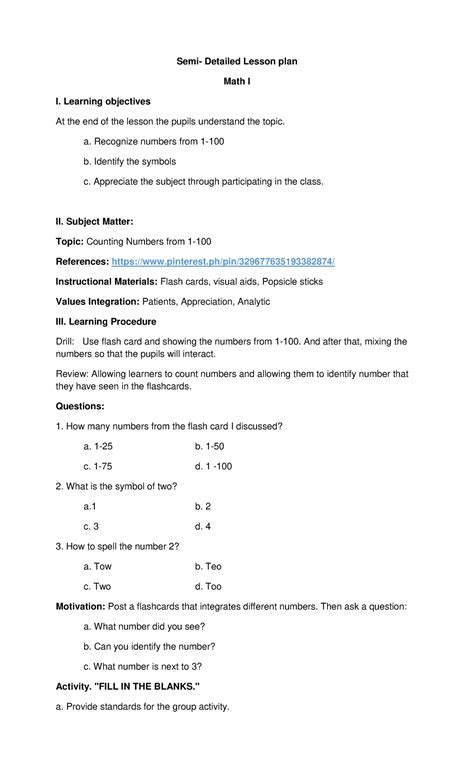 Afbeeldingsresultaten voor Lesson Plan in Math for Grade 1