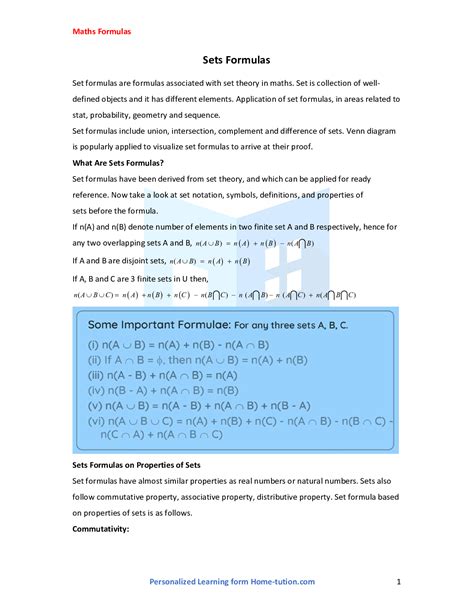 Image result for Sets Formula Sheet