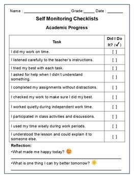 Image result for Free Printable Self Monitoring Checklist