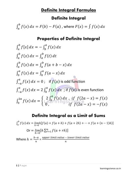 Definite Integral Formulas Solution