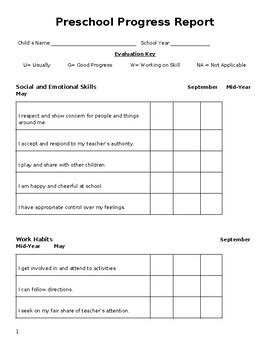 Image result for Progress Report Sample for Pre School
