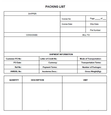 Image result for Packing List Example