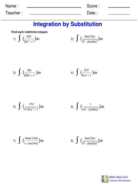 Image result for Integration by Substitution Worksheet.pdf