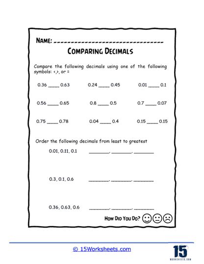 Image result for Comparison of Decimals Worksheet