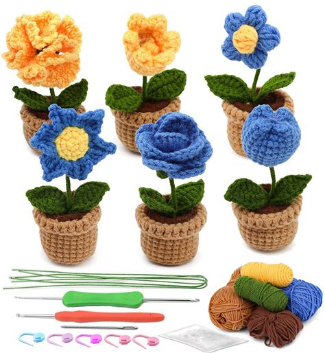 6Pcs Crochet Potted Flowers Kit,Complete Kit For Beginners Adults With Step-By-Step Instructions Video Tutorials