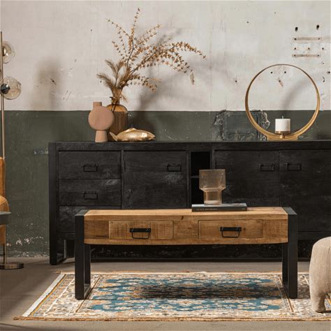 Mangohouten Salontafel Britt 120 cm Met 2 Lades Mahom Industrieel - Bijzettafel Van Mangohout & Metaal - Industriële Huiskamertafel