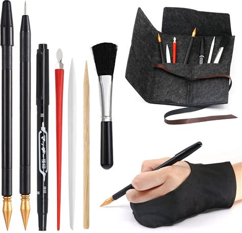 Scratch Art Tools, 9 Pcs Scratching Drawing Tools Set: Artist Glove, Tools Bag, Scratch Coloring Pens, Plastic And Wooden Stylus, Scraper, Repair Pen