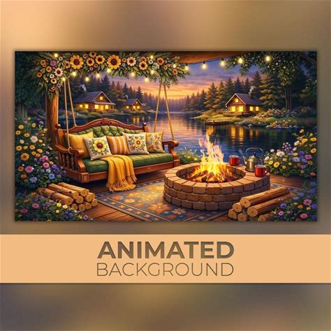 Animated Romantic Cabin Background, Cozy Lakeside Campfire, Flower Swing Porch, Twitch OBS Vtuber Background Overlay