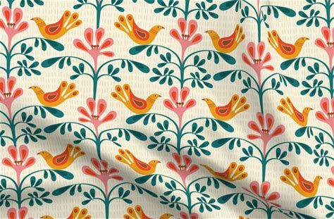 Satin Fabric By The Yard - Scandi Birds Flowersscandinavian Bird Pattern Custom Printed Fabric By Spoonflower