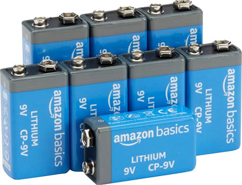 Amazon Basics 8-Pack 9 Volt Lithium High-Performance Batteries, Up To 10-Year Shelf Life, Long Lasting Power