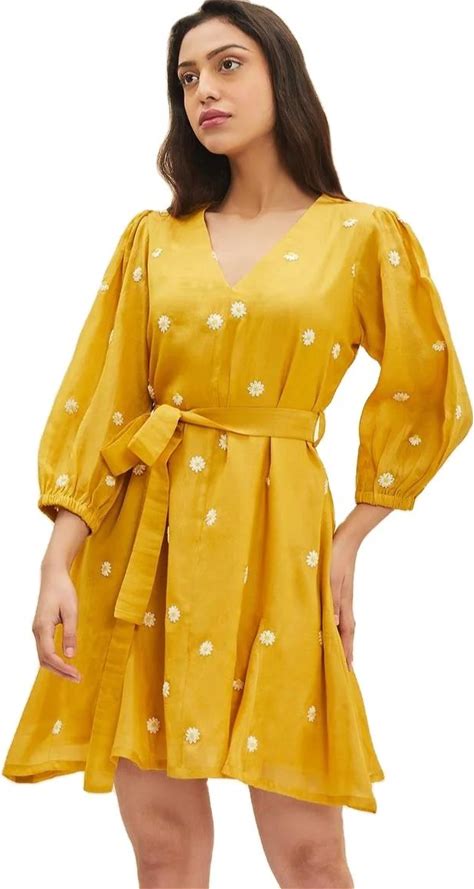 Modest Clothing Floral Embroidery Designer Three Quarter Sleeve V-Neck Elegant Short Dress